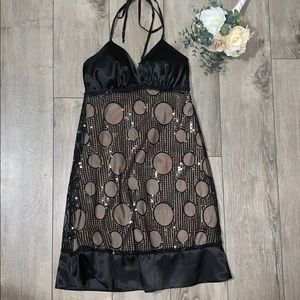 DONATED XOXO Cute Nude & Sequin Black Polka Dot Dress (Sm)